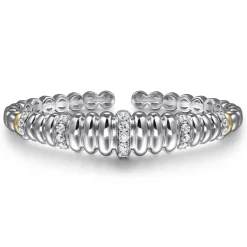 Best Gabriel & Co. 14K Yellow Gold and 925 Sterling Silver Bujukan White Sapphire Scallop Open Bangle Bracelet
