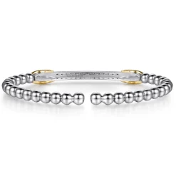 Gabriel & Co. 14K Yellow Gold and 925 Sterling Silver Bujukan Beaded White Sapphire Cuff Bangle Bracelet