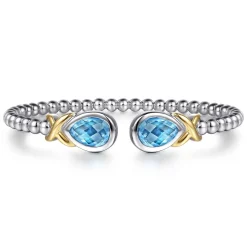 Best Gabriel & Co. 14K Yellow Gold and 925 Sterling Silver Pear Shape Blue Topaz Bujukan Bangle