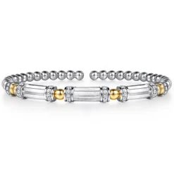 Clearance Gabriel & Co. 14K Yellow Gold and 925 Sterling Silver Bujukan Beaded White Sapphire Cuff Bangle Bracelet