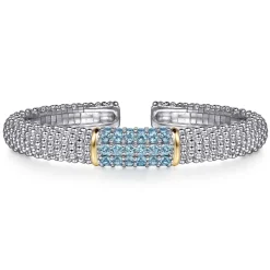 Discount Gabriel & Co. 14K Yellow Gold and 925 Sterling Silver Bujukan Bangle with Pave Blue Topaz