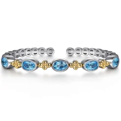 Clearance Gabriel & Co. 14K Yellow Gold and 925 Sterling Silver Bujukan Blue Topaz Open Bangle Bracelet