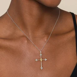Gabriel & Co. 14K Yellow Gold and 925 Sterling Silver Bujukan Clover Cross Necklace