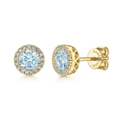 Clearance Gabriel & Co. 14K Yellow Gold Aquamarine and Diamond Halo Stud Earrings
