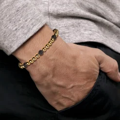 Best Gabriel & Co. 14K Yellow Gold Black Diamond and 6mm Yellow Gold Beaded Mens Bracelet