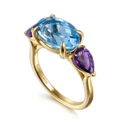 Sale Gabriel & Co. 14K Yellow Gold Blue Topaz and Amethyst Signet Ring