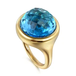 Gabriel & Co. 14K Yellow Gold Blue Topaz Round Shape Ladies Ring With Flower Pattern J-Back