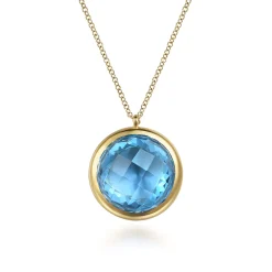 Discount Gabriel & Co. 14K Yellow Gold Blue Topaz Round Shape Necklace With Flower Pattern J-Back