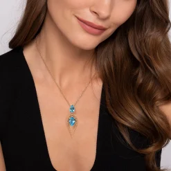 Best Gabriel & Co. 14K Yellow Gold Bujukan and Blue Topaz Pear Shape Pendant Drop Necklace