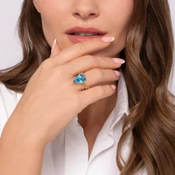 Gabriel & Co. 14K Yellow Gold Bujukan and Blue Topaz Chevron Ring