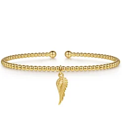 Hot Gabriel & Co. 14K Yellow Gold Bujukan Beaded Angel Wing Charm Cuff Bangle Bracelet