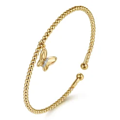 New Gabriel & Co. 14K Yellow Gold Bujukan Beaded Diamond and Diamond Cut Butterfly Charm Cuff Bangle Bracelet