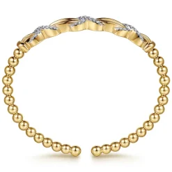New Gabriel & Co. 14K Yellow Gold Bujukan Beaded Diamond Criss Cross Cuff Bangle Bracelet