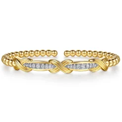 Gabriel & Co. 14K Yellow Gold Bujukan Beaded Graduating Diamond Criss Cross Cuff Bangle Bracelet