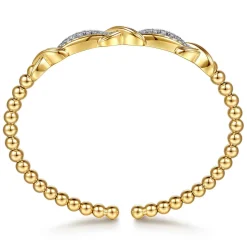 Gabriel & Co. 14K Yellow Gold Bujukan Beaded Graduating Diamond Criss Cross Cuff Bangle Bracelet