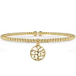 Online Gabriel & Co. 14K Yellow Gold Bujukan Beaded Tree of Life Charm Cuff Bangle Bracelet