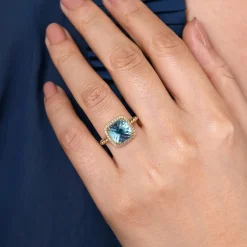 Online Gabriel & Co. 14K Yellow Gold Bujukan Cushion Blue Topaz with Diamond Halo Ring
