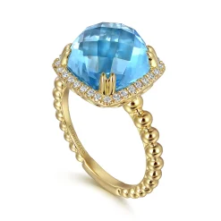 Online Gabriel & Co. 14K Yellow Gold Bujukan Cushion Blue Topaz with Diamond Halo Ring