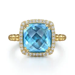Online Gabriel & Co. 14K Yellow Gold Bujukan Cushion Blue Topaz with Diamond Halo Ring