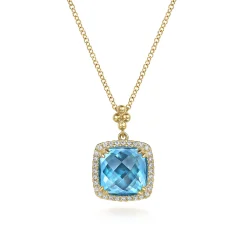 Discount Gabriel & Co. 14K Yellow Gold Bujukan Cushion Blue Topaz with Diamond Halo Necklace