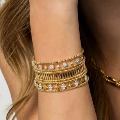 Online Gabriel & Co. 14K Yellow Gold Bujukan Diamond Cluster and Gold Pyramid Cuff Bangle