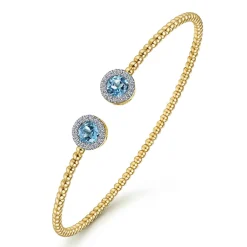 Discount Gabriel & Co. 14K Yellow Gold Bujukan Diamond Halo and Blue Topaz Bangle