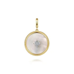Sale Gabriel & Co. 14K Yellow Gold Bujukan Diamond Mother of Pearl Starburst Medallion Pendant With Detachable Bail