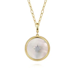 Sale Gabriel & Co. 14K Yellow Gold Bujukan Diamond Mother of Pearl Starburst Medallion Pendant With Detachable Bail