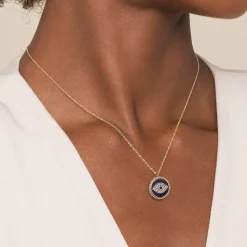 Hot Gabriel & Co. 14K Yellow Gold Bujukan Diamond Blue Sapphire and Black Spinel Evil Eye Pendant Necklace