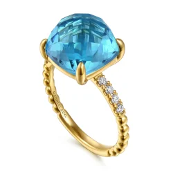 Best Gabriel & Co. 14K Yellow Gold Bujukan Diamond and Blue Topaz Signet Ring