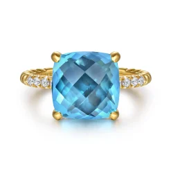 Best Gabriel & Co. 14K Yellow Gold Bujukan Diamond and Blue Topaz Signet Ring