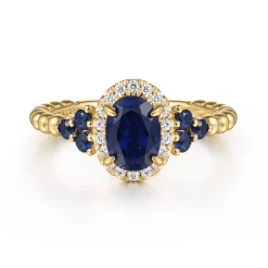 Best Gabriel & Co. 14K Yellow Gold Bujukan Diamond Halo and Oval Blue Sapphire Fashion Ring