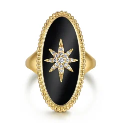 Clearance Gabriel & Co. 14K Yellow Gold Bujukan Elongated Oval Onyx Inlay Starburst Signet Ring