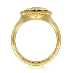 Sale Gabriel & Co. 14K Yellow Gold Bujukan Elongated Oval Lapis Inlay Starburst Signet Ring
