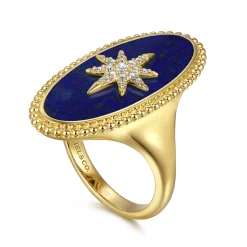 Sale Gabriel & Co. 14K Yellow Gold Bujukan Elongated Oval Lapis Inlay Starburst Signet Ring