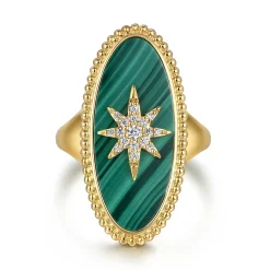 Clearance Gabriel & Co. 14K Yellow Gold Bujukan Elongated Oval Malachite Inlay Starburst Signet Ring