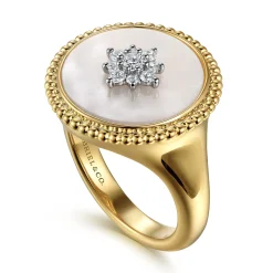 Discount Gabriel & Co. 14K Yellow Gold Bujukan Mother of Pearl Inlay and Diamond Starburst Signet Ring