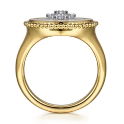 Discount Gabriel & Co. 14K Yellow Gold Bujukan Mother of Pearl Inlay and Diamond Starburst Signet Ring