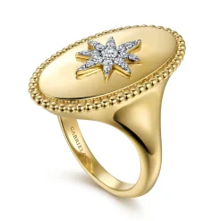 New Gabriel & Co. 14K Yellow Gold Bujukan Oval Diamond Starburst Signet Ring