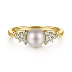 Outlet Gabriel & Co. 14K Yellow Gold Classic Cultured Pearl Diamond Accented Stackable Ring