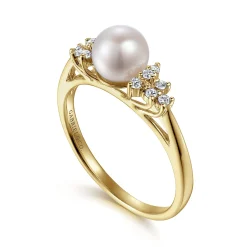 Outlet Gabriel & Co. 14K Yellow Gold Classic Cultured Pearl Diamond Accented Stackable Ring