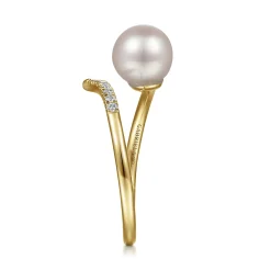 Gabriel & Co. 14K Yellow Gold Cultured Pearl and Diamond Open Wrap Ring