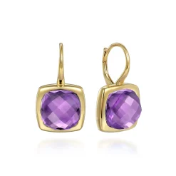 Gabriel & Co. 14K Yellow Gold Cushion Cut Amethyst Earrings With Flower Pattern J-Back