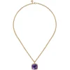 Clearance Gabriel & Co. 14K Yellow Gold Cushion Cut Amethyst Necklace With Flower Pattern J-Back and Bezel Setting