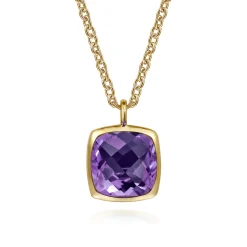 Clearance Gabriel & Co. 14K Yellow Gold Cushion Cut Amethyst Necklace With Flower Pattern J-Back and Bezel Setting