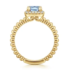 New Gabriel & Co. 14K Yellow Gold Cushion Cut Aquamarine and Diamond Halo Ring