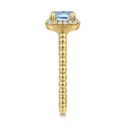 New Gabriel & Co. 14K Yellow Gold Cushion Cut Aquamarine and Diamond Halo Ring