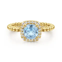 New Gabriel & Co. 14K Yellow Gold Cushion Cut Aquamarine and Diamond Halo Ring