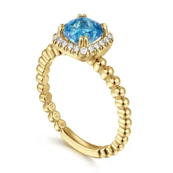 Online Gabriel & Co. 14K Yellow Gold Cushion Cut Blue Topaz and Diamond Halo Ring