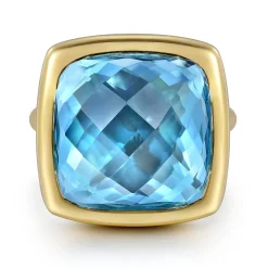 Clearance Gabriel & Co. 14K Yellow Gold Cushion Cut Blue Topaz Ladies Ring With Flower Pattern J-Back